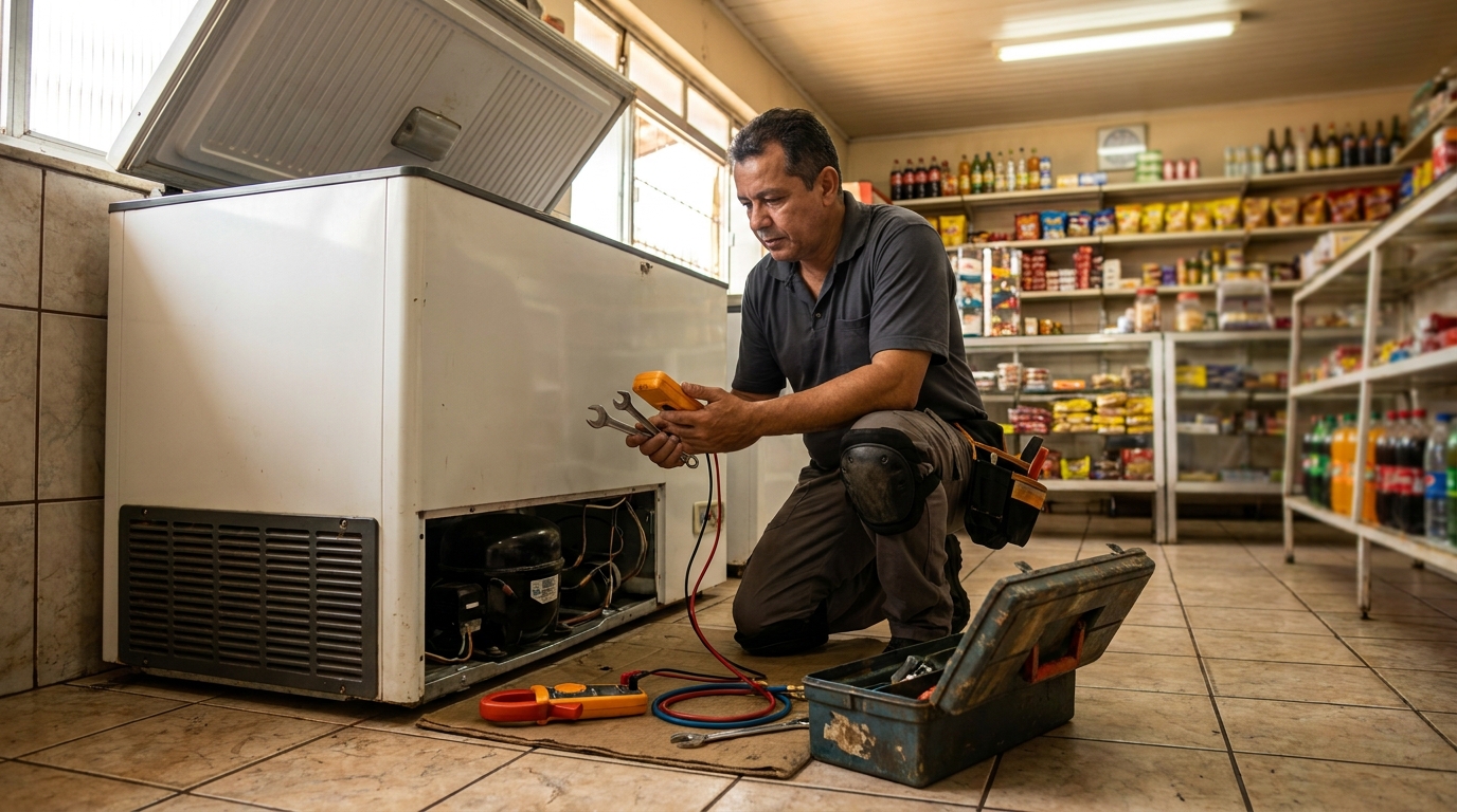 Técnico realizando manutenção de motor de freezer em Belo Horizonte‑MG